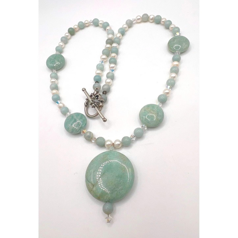 Mint Green Stone Glass Bead Necklace Statement Pendant Silver Clasp 20"‎